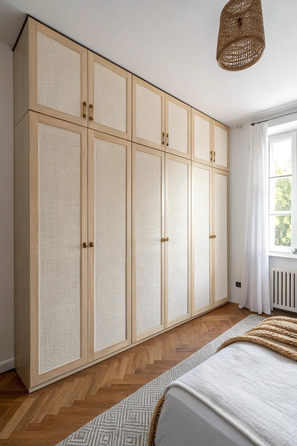 A seamless floor-to-ceiling built-in wardrobe wall that makes a tiny bedroom feel calm.