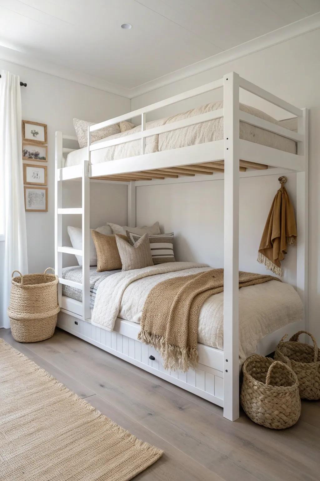Calm neutrals on a bunk bed make a small space feel bigger, brighter, and beautifully designed.