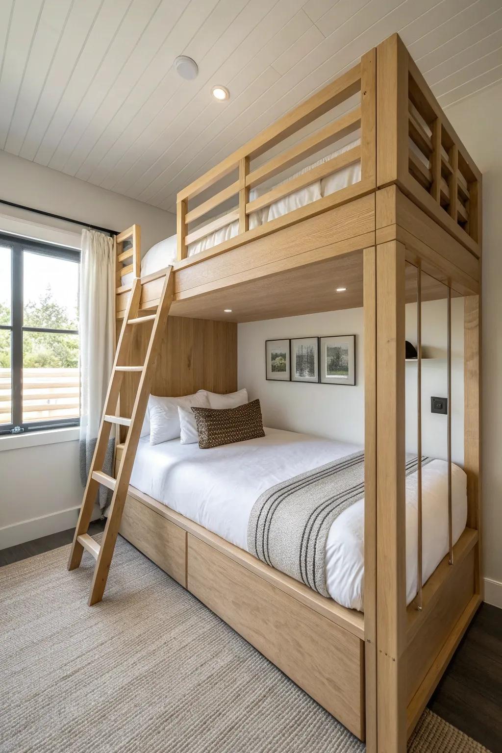 Built-in full-over-full bunks in warm oak—hotel-level comfort with a sleek, space-smart look.