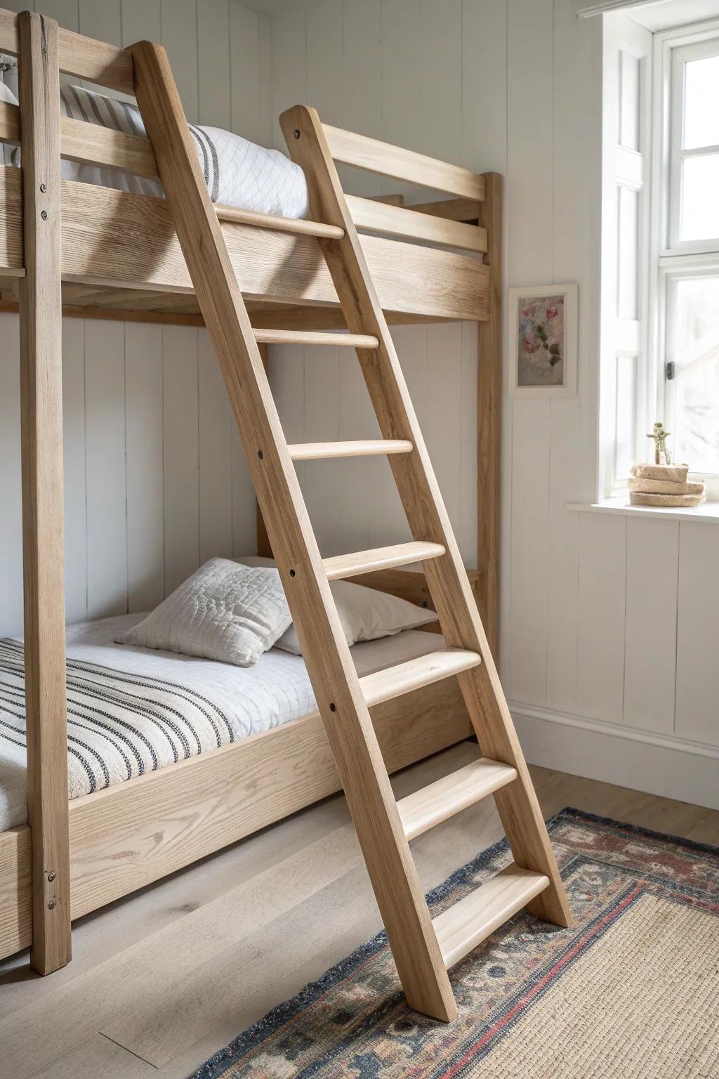 Classic angled oak ladder—safer steps and a soft Scandinavian look for tiny bedrooms.