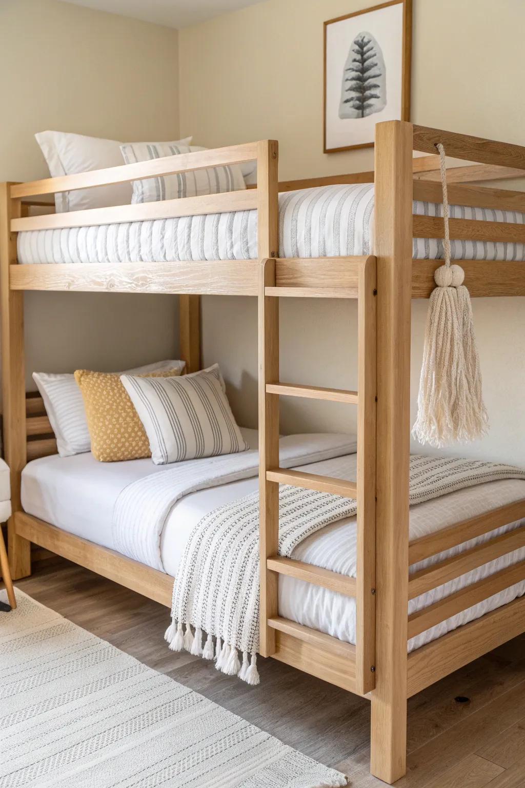 Clean-lined twin-over-twin bunk in pale oak—matching linens for a calm, clutter-free look.