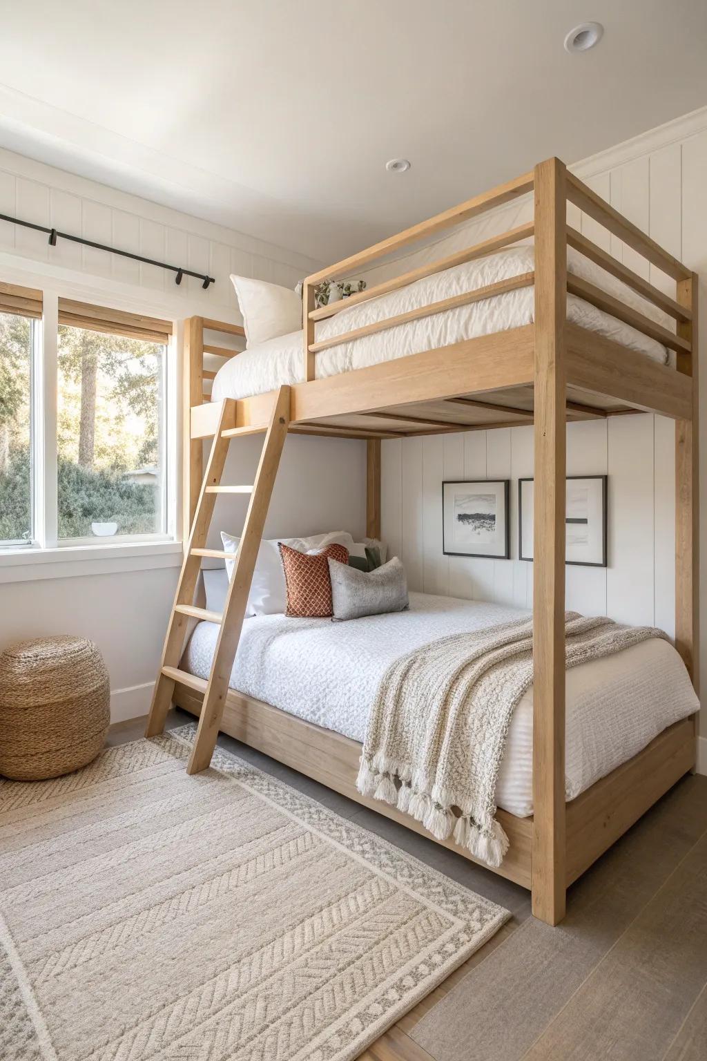 Built-in queen-over-queen bunks: boutique-suite style comfort that still saves space.