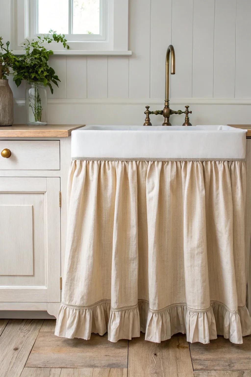Classic linen under-sink skirt—soft, minimal, and perfect for hiding supplies in small kitchens.
