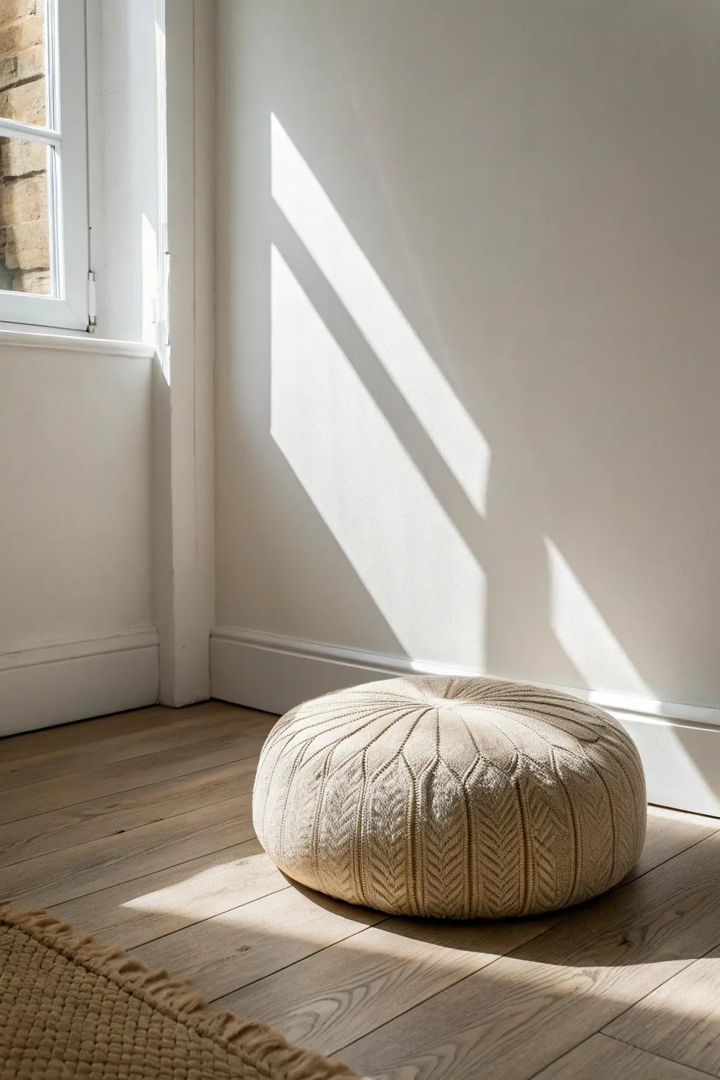 A forgotten corner becomes a calm spot—just one linen floor cushion and beautiful light.