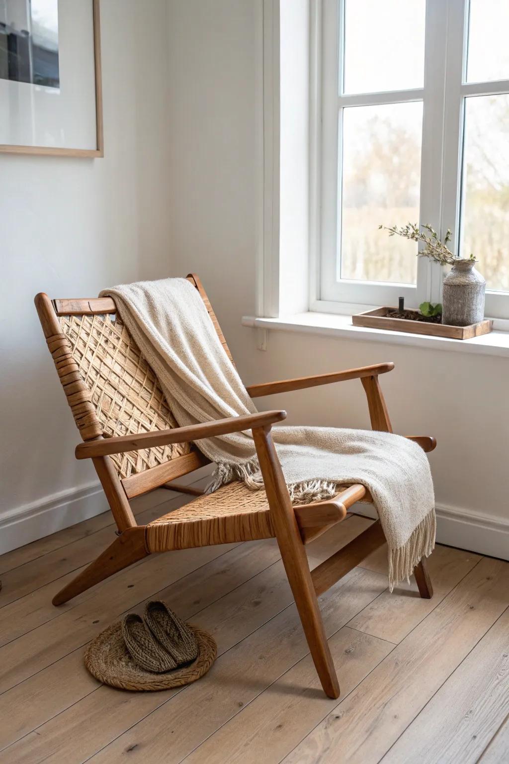 A single woven lounge chair tucked into a corner—instant calm for small-space living.