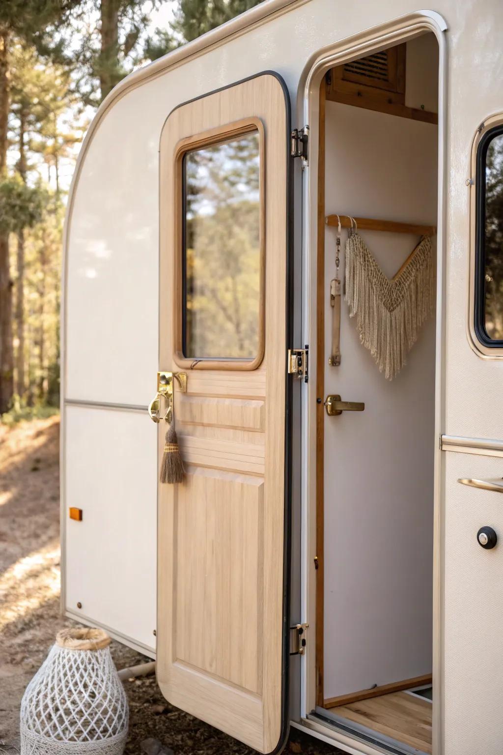 Fresh matte paint and brass hardware turn a camper door into a calm, cohesive statement.