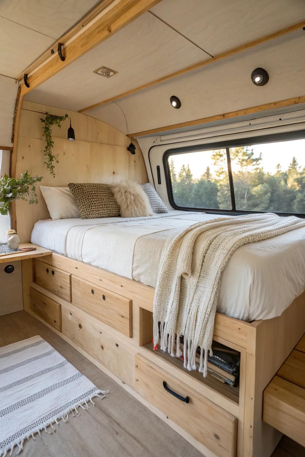 Raised platform bed above wheel wells—clean sleep surface with hidden under-bed storage.