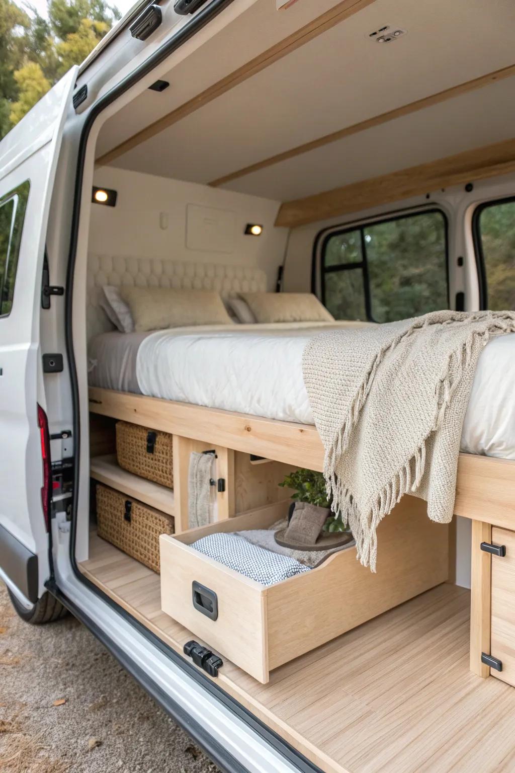 Raised platform bed with an under-bed garage—cozy on top, smart storage underneath.