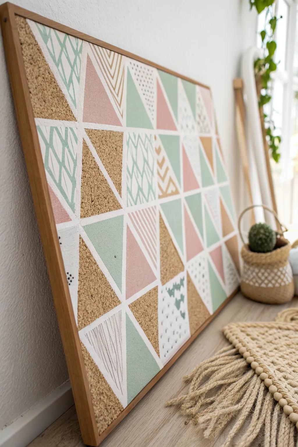 Transform your space with chic geometric patterns on a cork board, blending Scandinavian simplicity with a touch of boho charm.