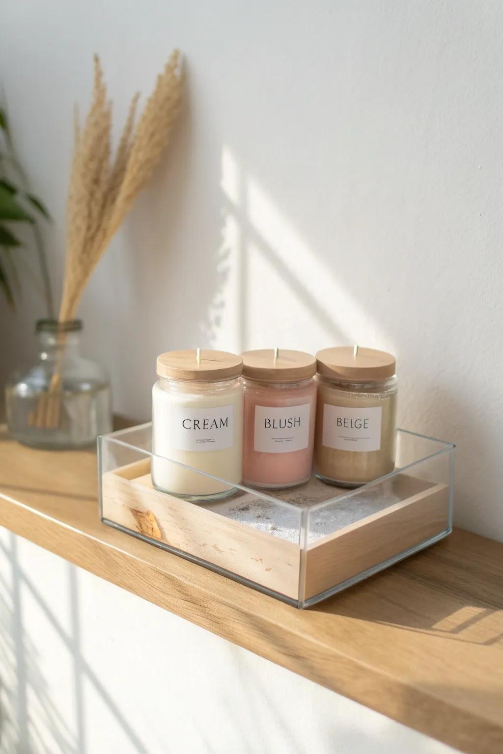 Clear bins on a shelf keep jar candles visible, sorted, and beautifully easy to put back.