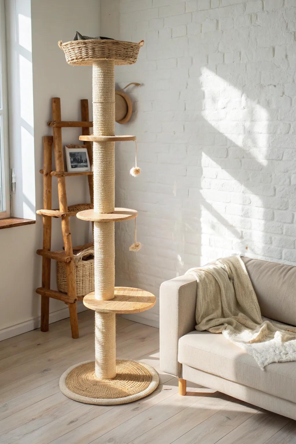 A slim floor-to-ceiling cat tree turns a tiny corner into your cat’s favorite seat.