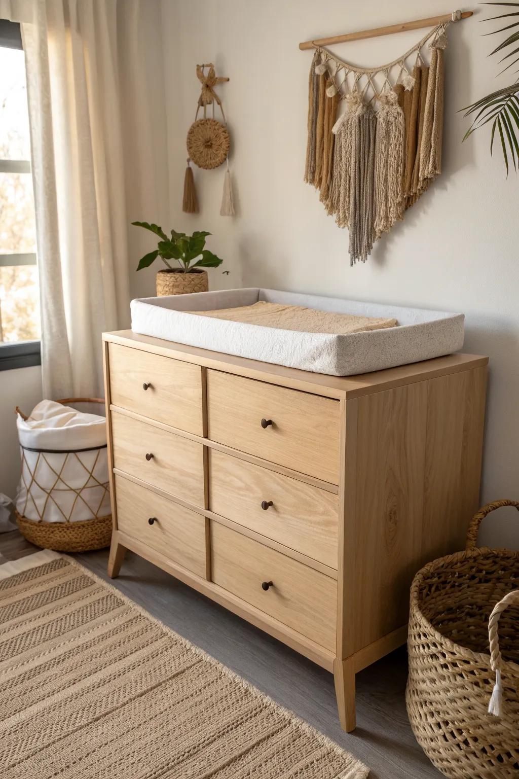Small-space win: a dresser-top changing pad keeps diapers and sleepers right below.