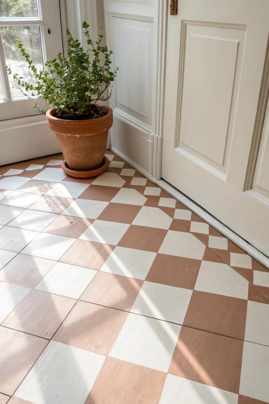 Painted vinyl floor in soft neutrals—an easy, budget DIY that makes small spaces feel fresh.