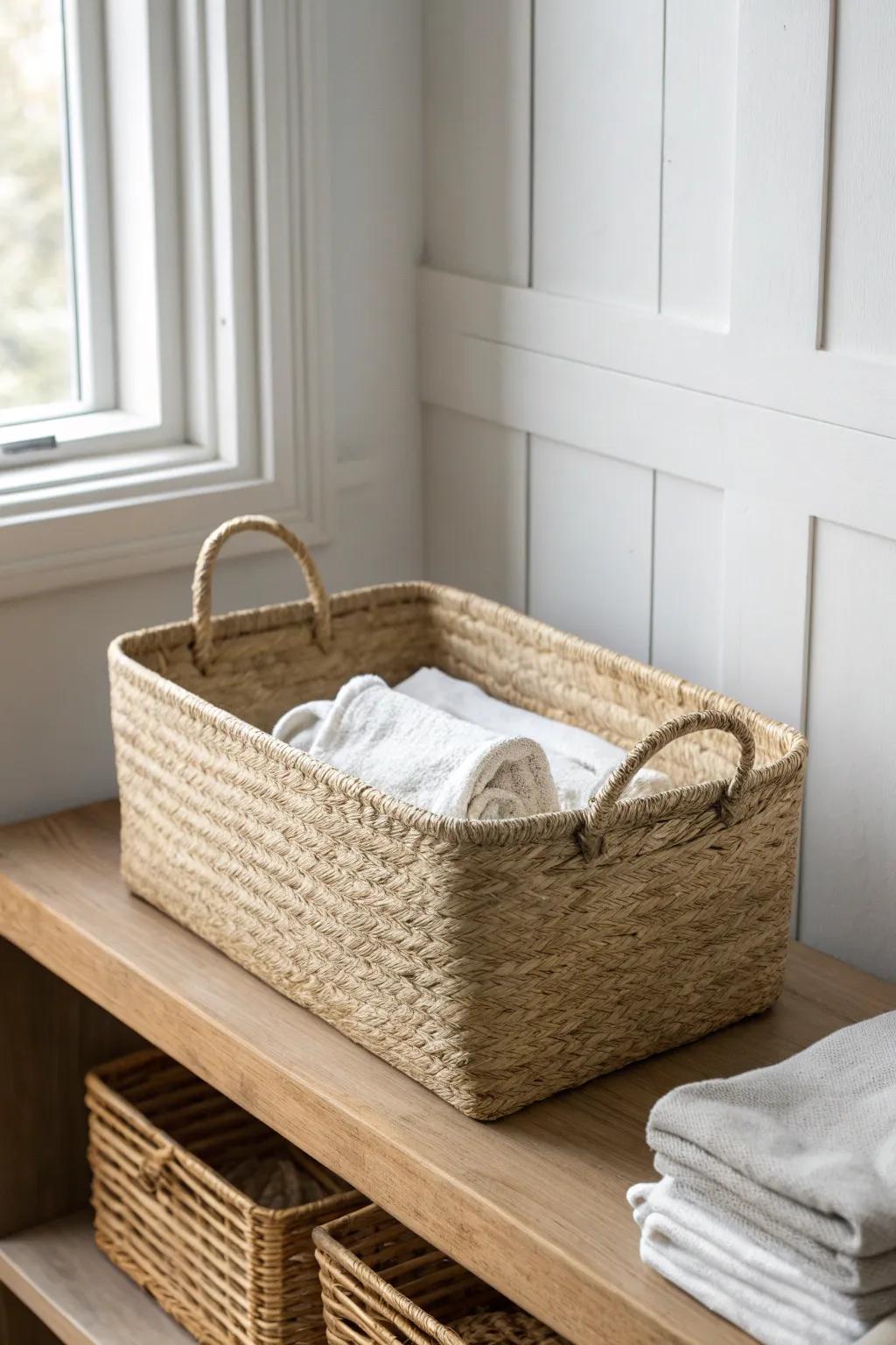Declutter first: one beautiful basket is often all you need for tidy storage.