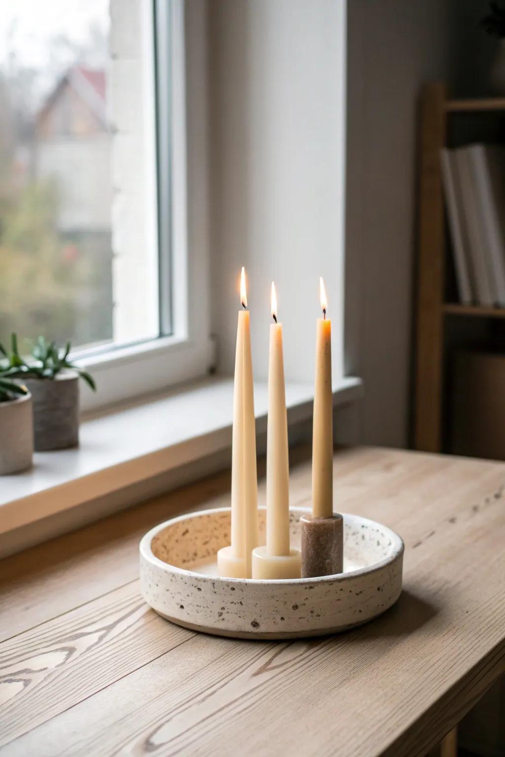 A simple candle cluster: mismatched tapers + warm glow for an instantly elevated table.