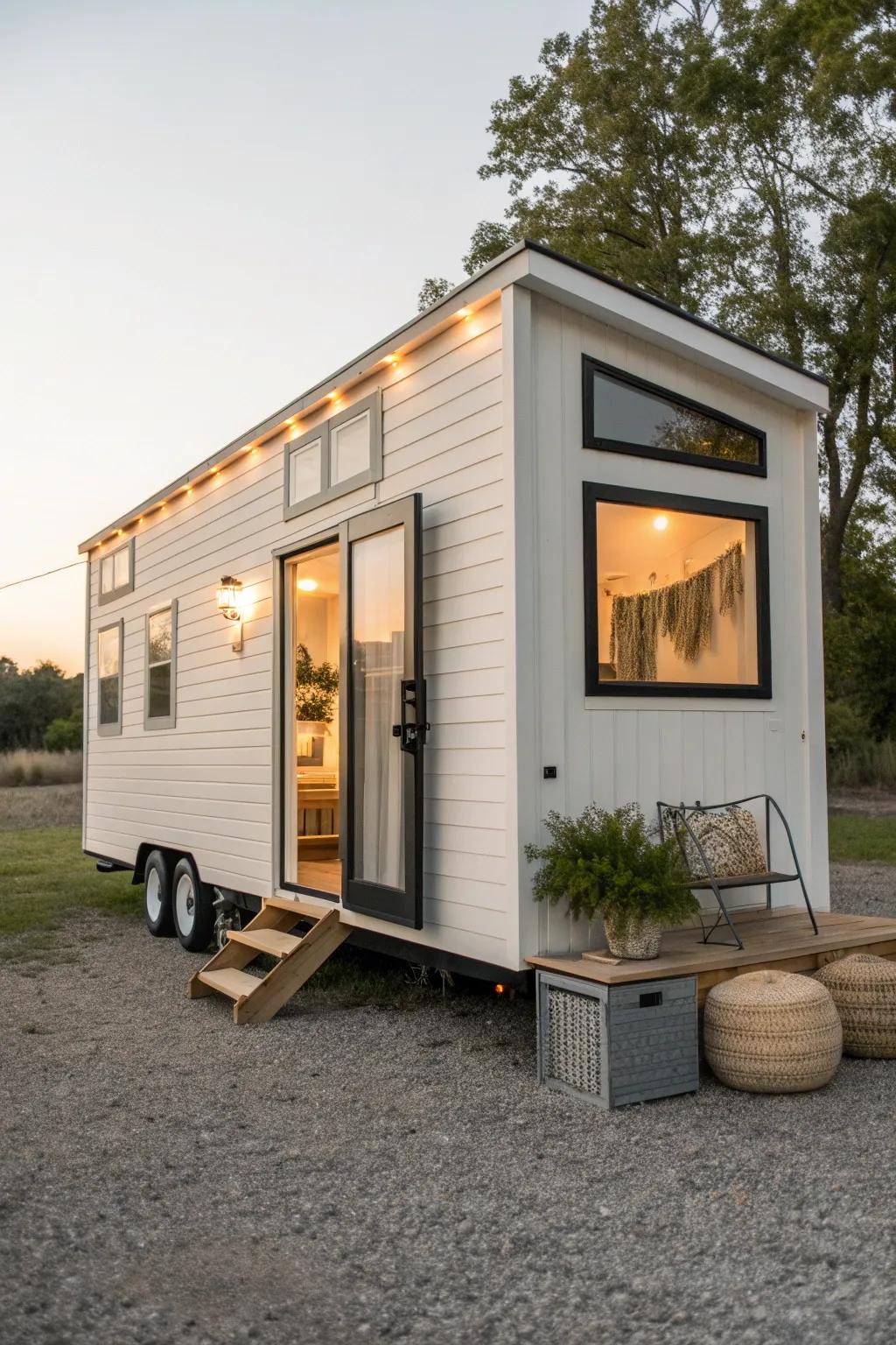 Tiny house on wheels: bright, cozy, and surprisingly spacious with big windows + porch.
