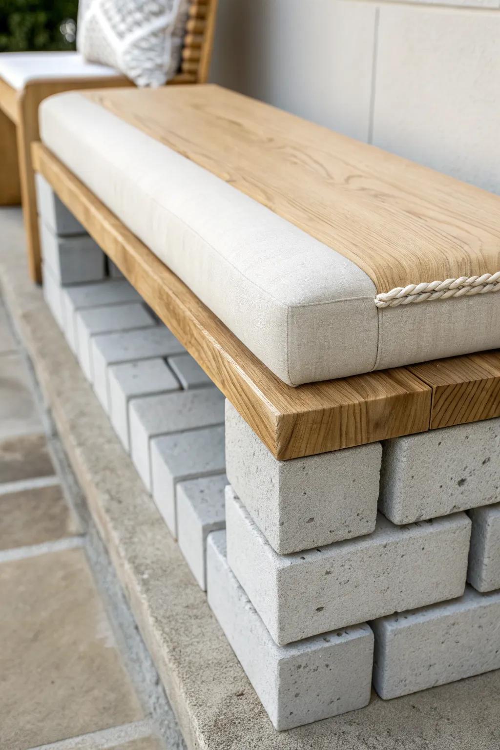 Classic cinder block bench: minimalist, space-saving seating with warm wood and linen.