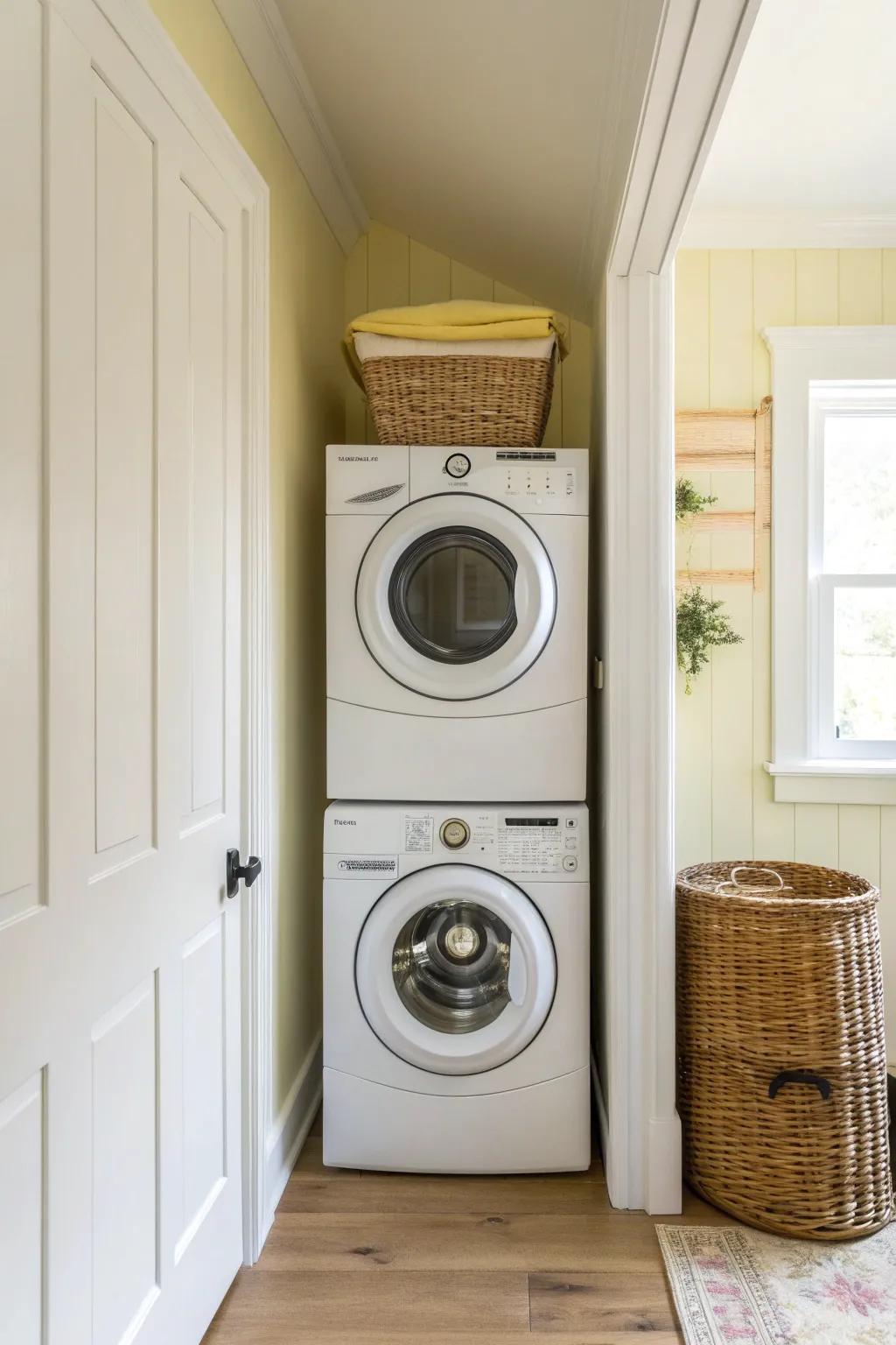 Stack your washer and dryer to reclaim precious floor space—small utility room, big impact.