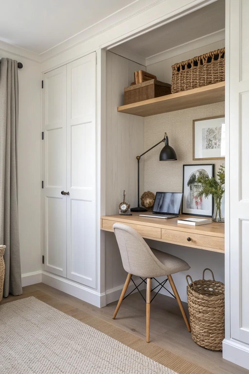 Remove closet doors to create an airy built-in desk nook—tiny space, big impact today.