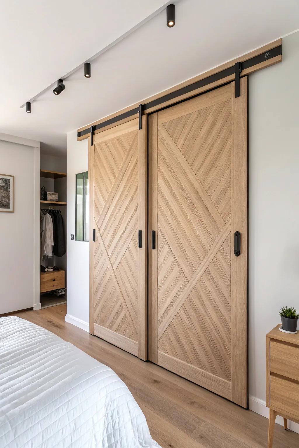 Bypass sliding closet doors: full access, zero swing space—perfect for small bedrooms.