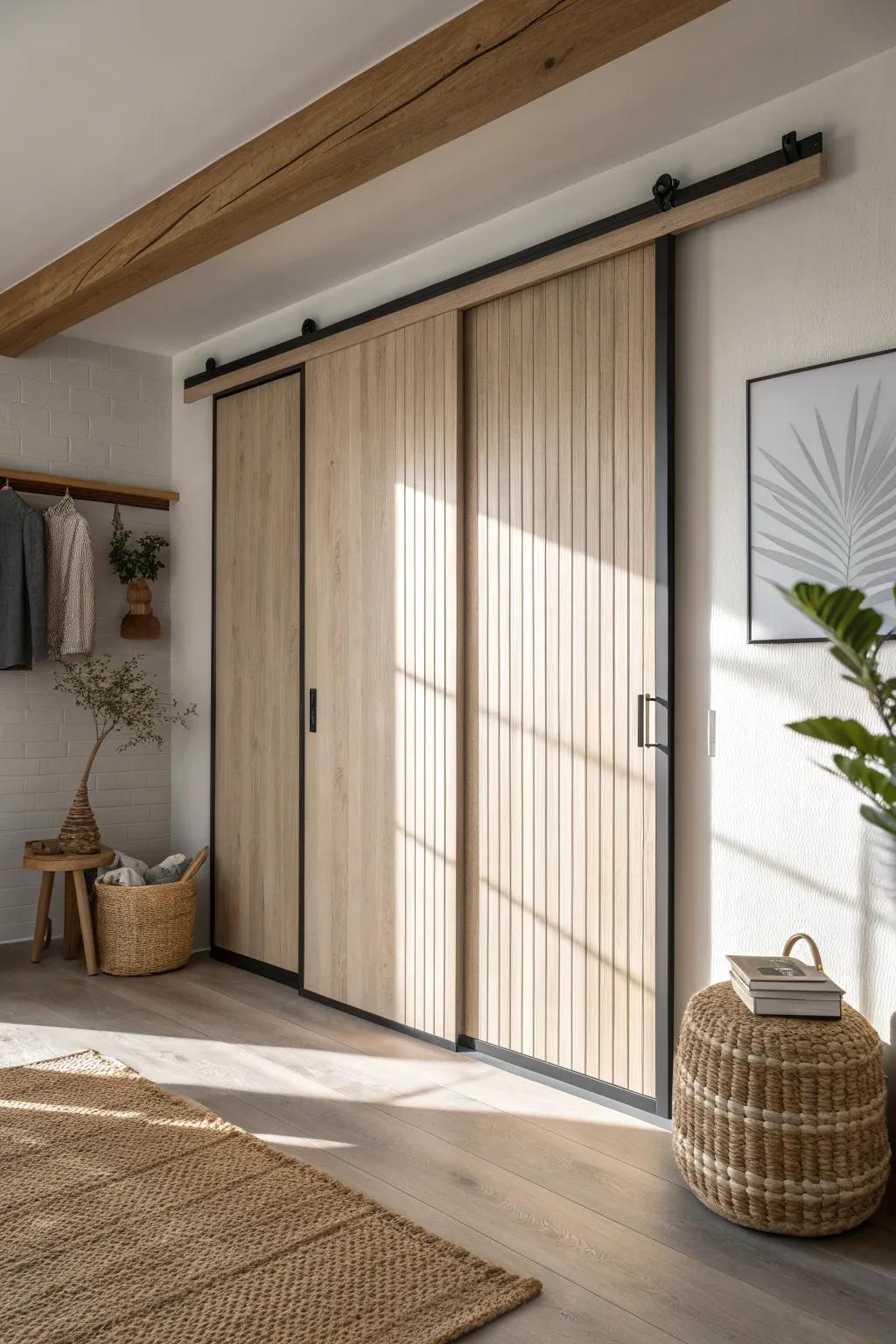 Clean, space-saving sliding bypass doors—minimal lines, warm wood, and smooth flow.