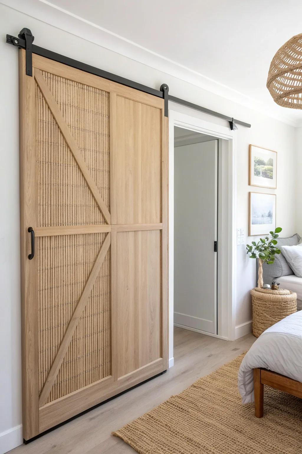Slim sliding closet doors save precious floor space—minimal, warm wood, and beautifully crafted.
