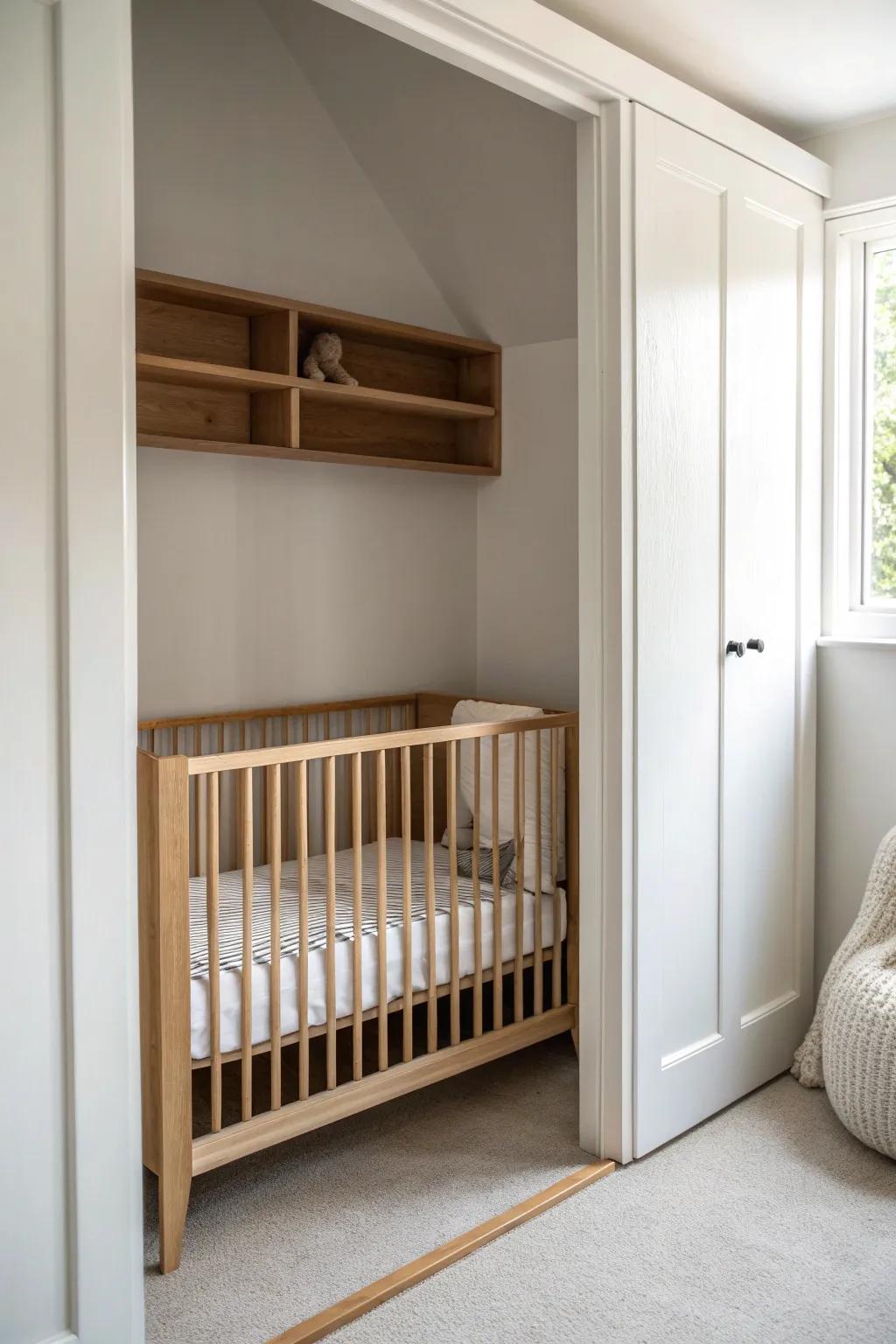 Turn a closet into a serene crib alcove—warm wood, soft linen, zero floor space lost.