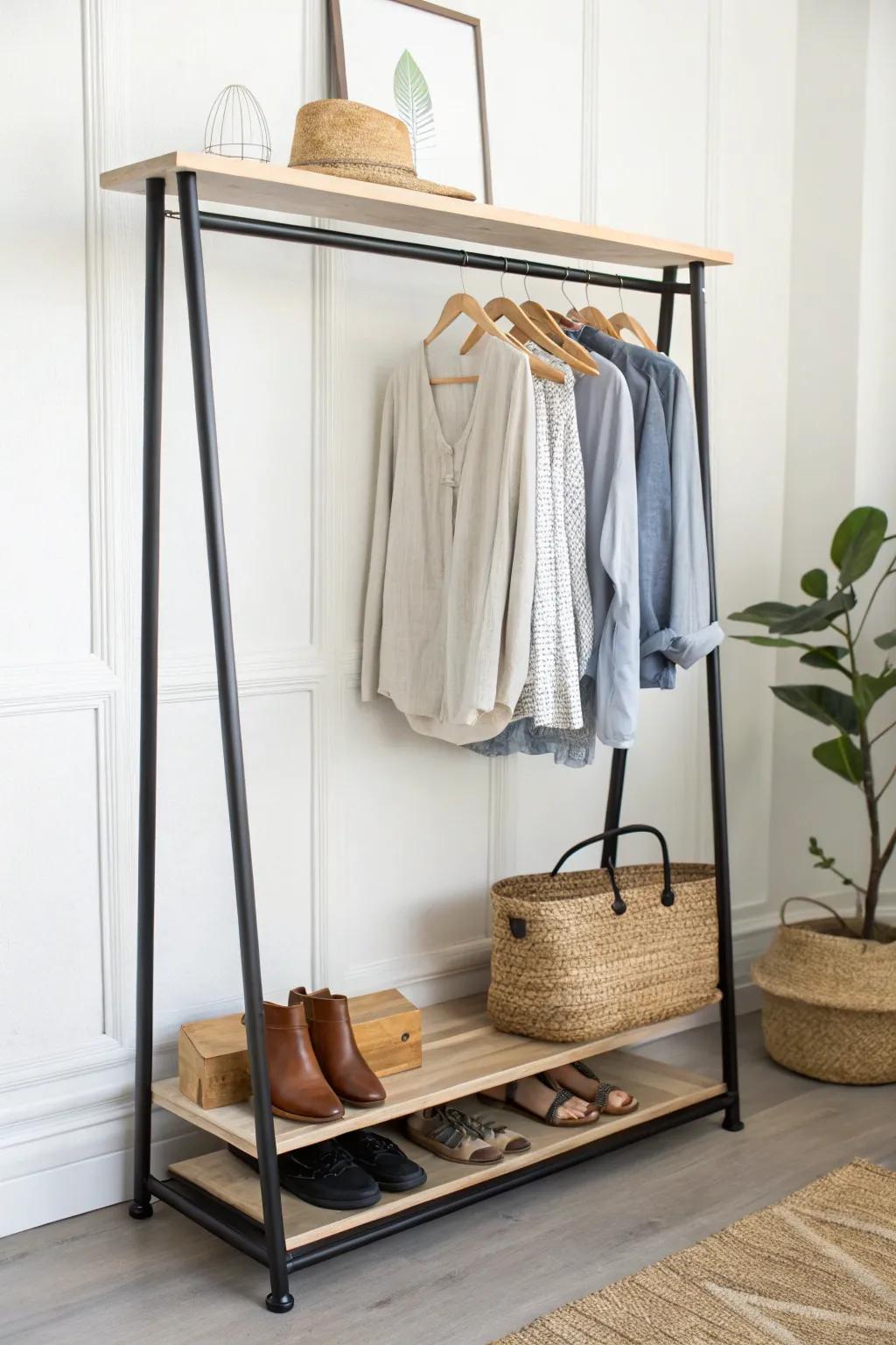 A slim garment rack with a shelf turns shoes and denim into stylish, clutter-free storage.