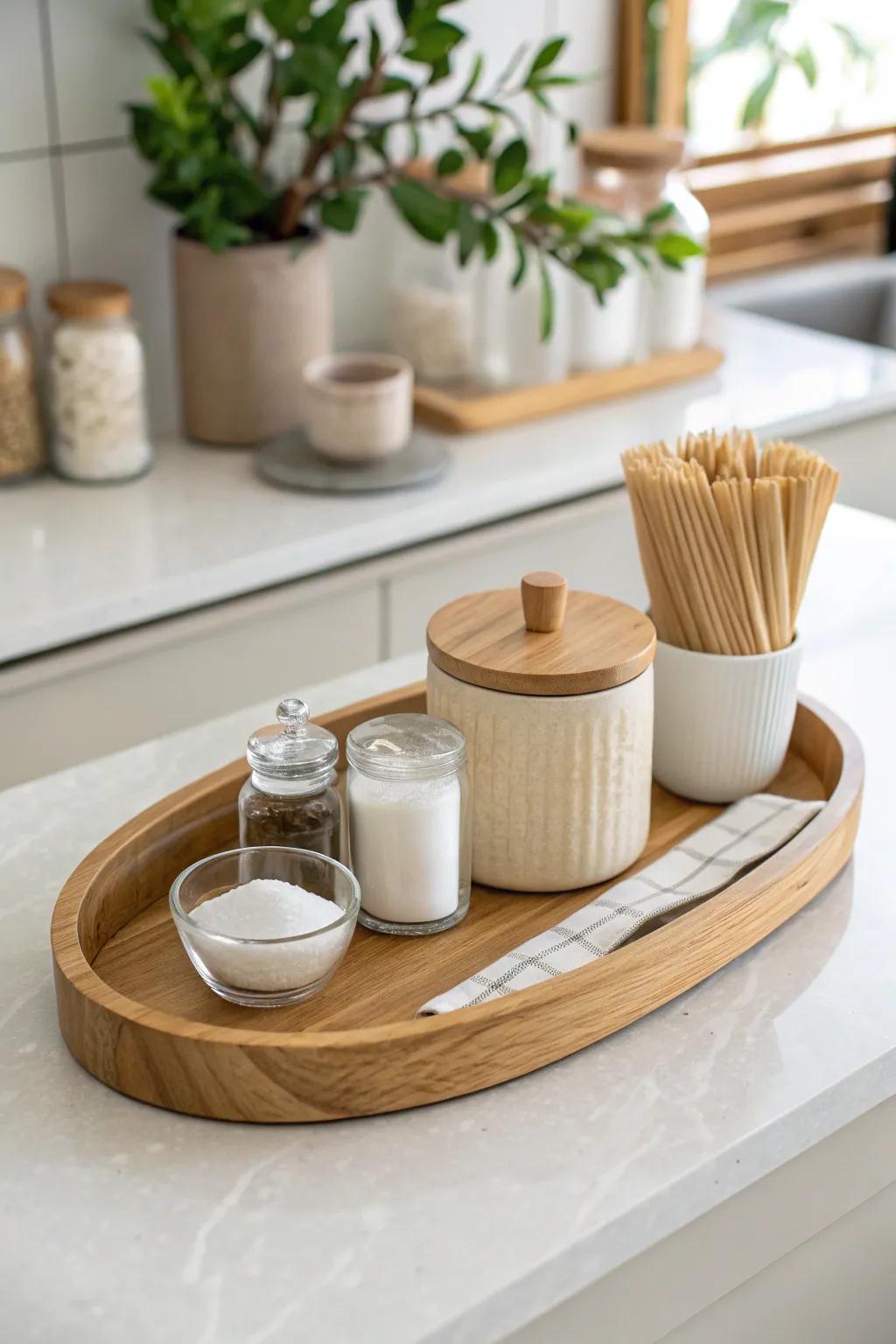 Corral coffee essentials on a tray for an instant tidy, intentional counter—lift, wipe, done.