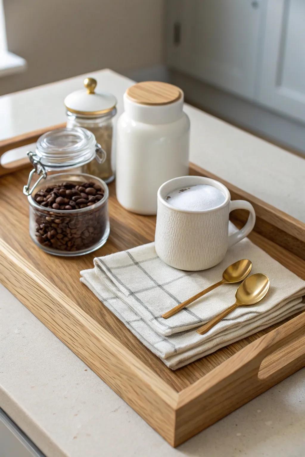 A single countertop tray keeps beans, sugar, and stirrers chic—perfect for small-space coffee corners.