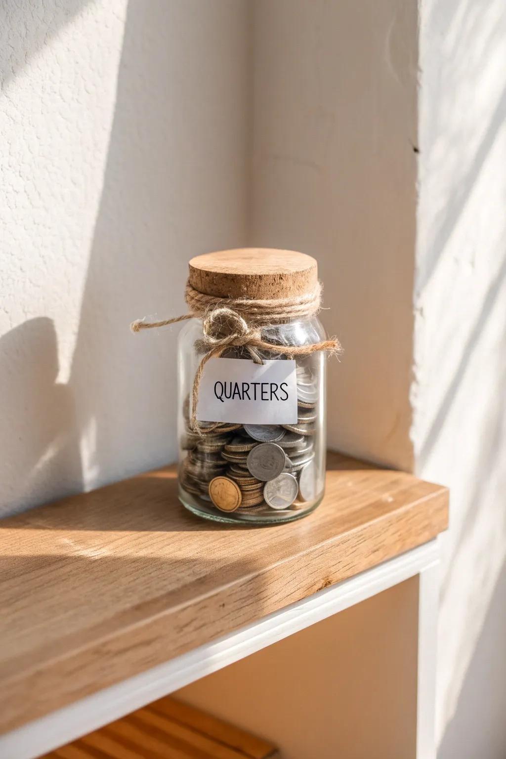 A labeled glass jar makes loose change feel calm, curated, and easy to grab at a glance.