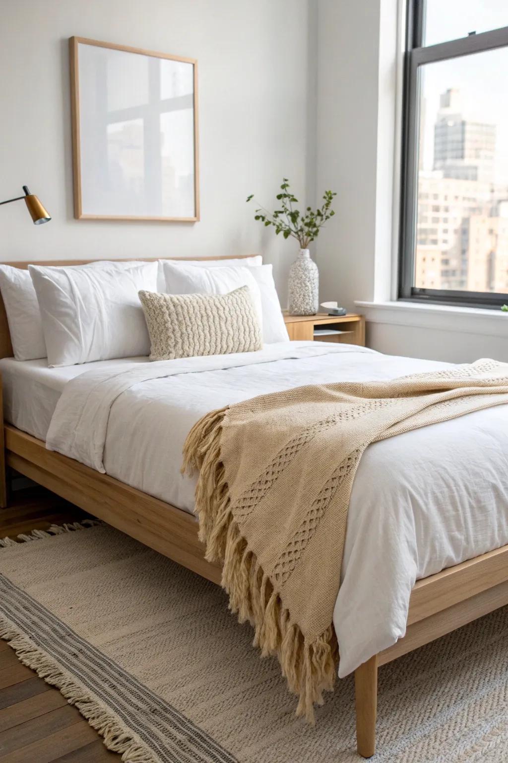 Crisp neutral bedding makes even the smallest college bedroom feel calm and put together.