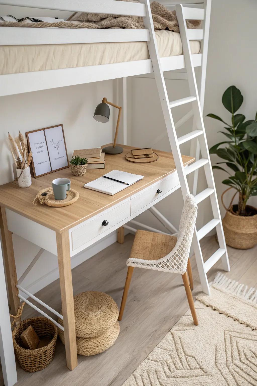 Desk-first dorm nook: a slim oak desk under the loft keeps study mode calm and clutter-free.