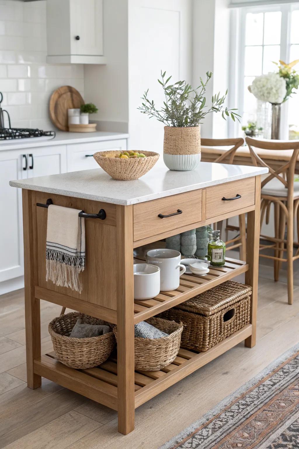 A slim kitchen island anchors a small open kitchen-dining room without blocking the light.