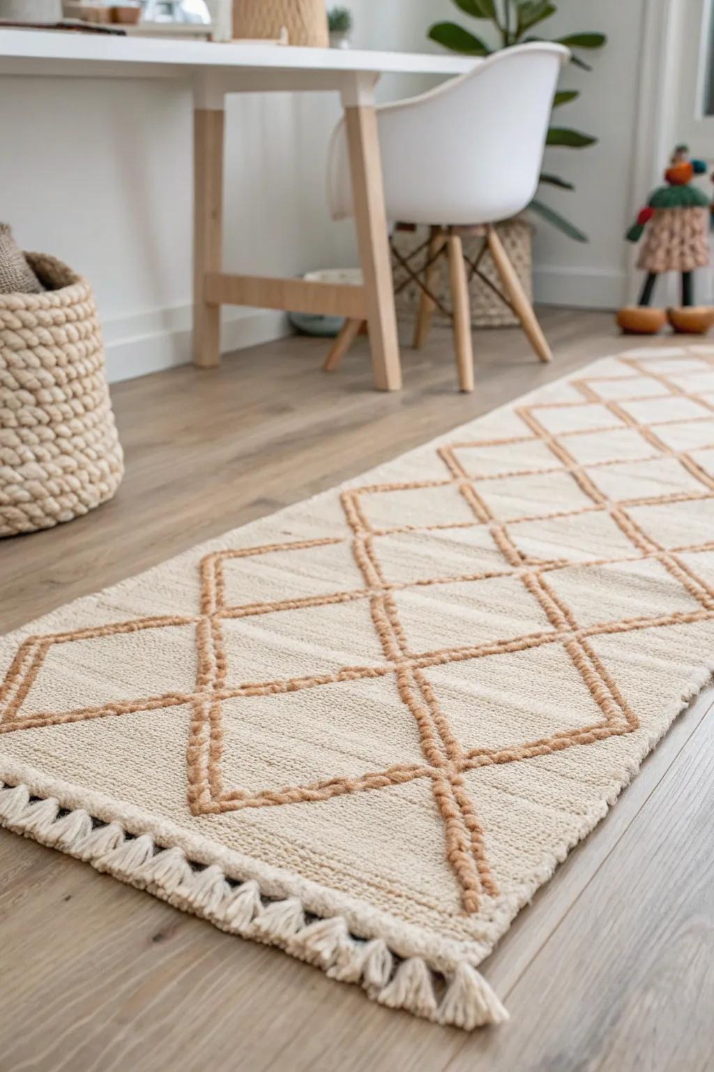 Zone a shared office-playroom with two rugs—work here, toys there, no walls needed.