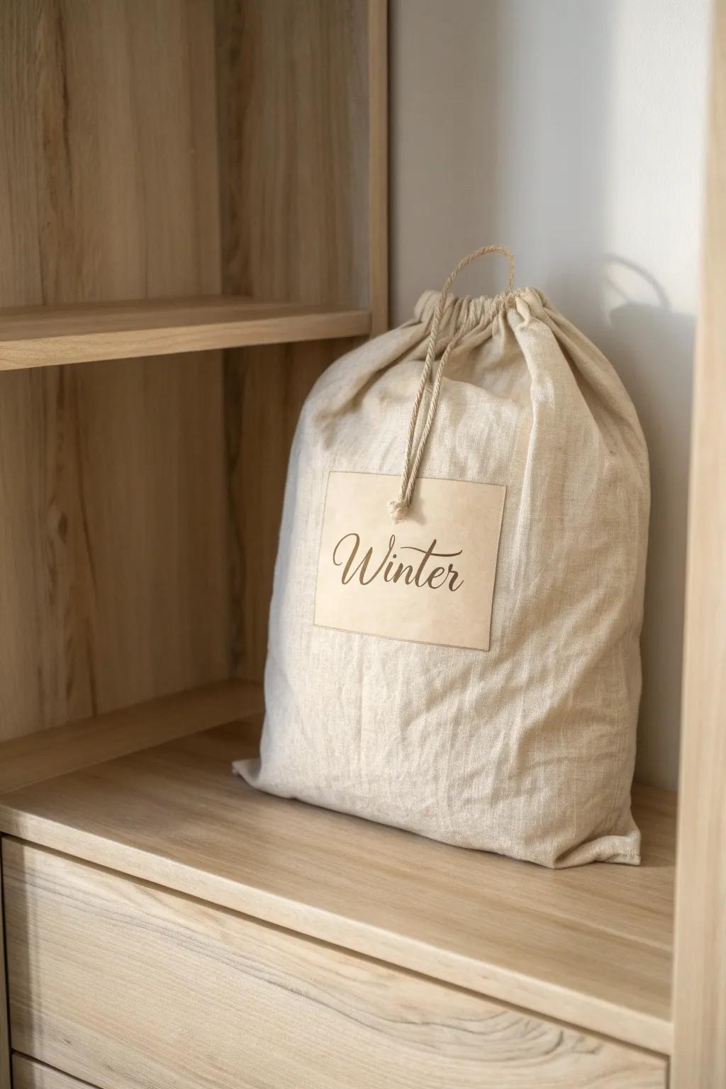 Breathable linen bag + simple label keeps off-season comforters fresh and easy to find.