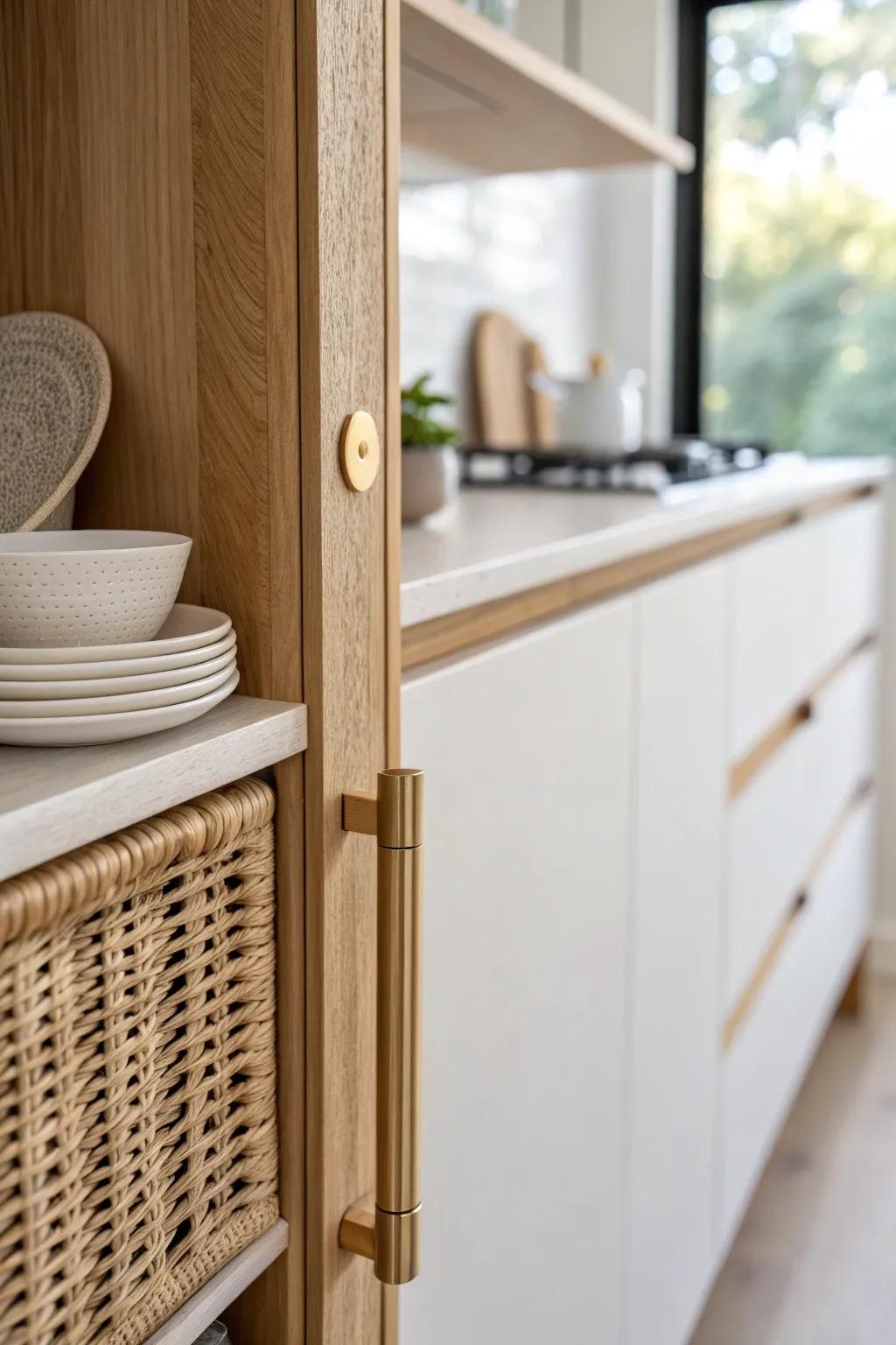 Light walls + warm-white cabinetry, finished with oak accents for an airy condo kitchen.