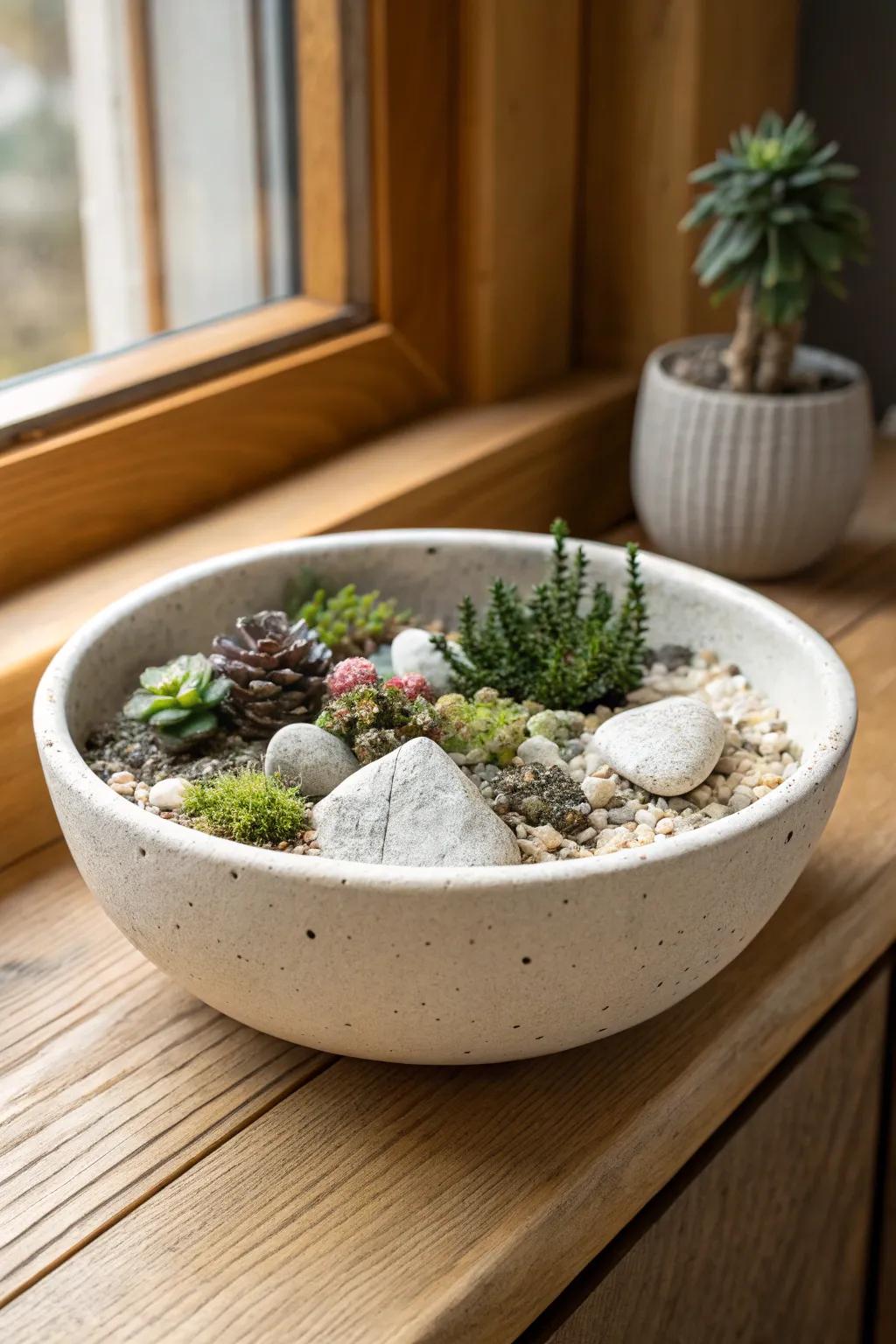 A shallow bowl rock garden that feels like a tiny alpine hillside—simple, calm, and handcrafted.