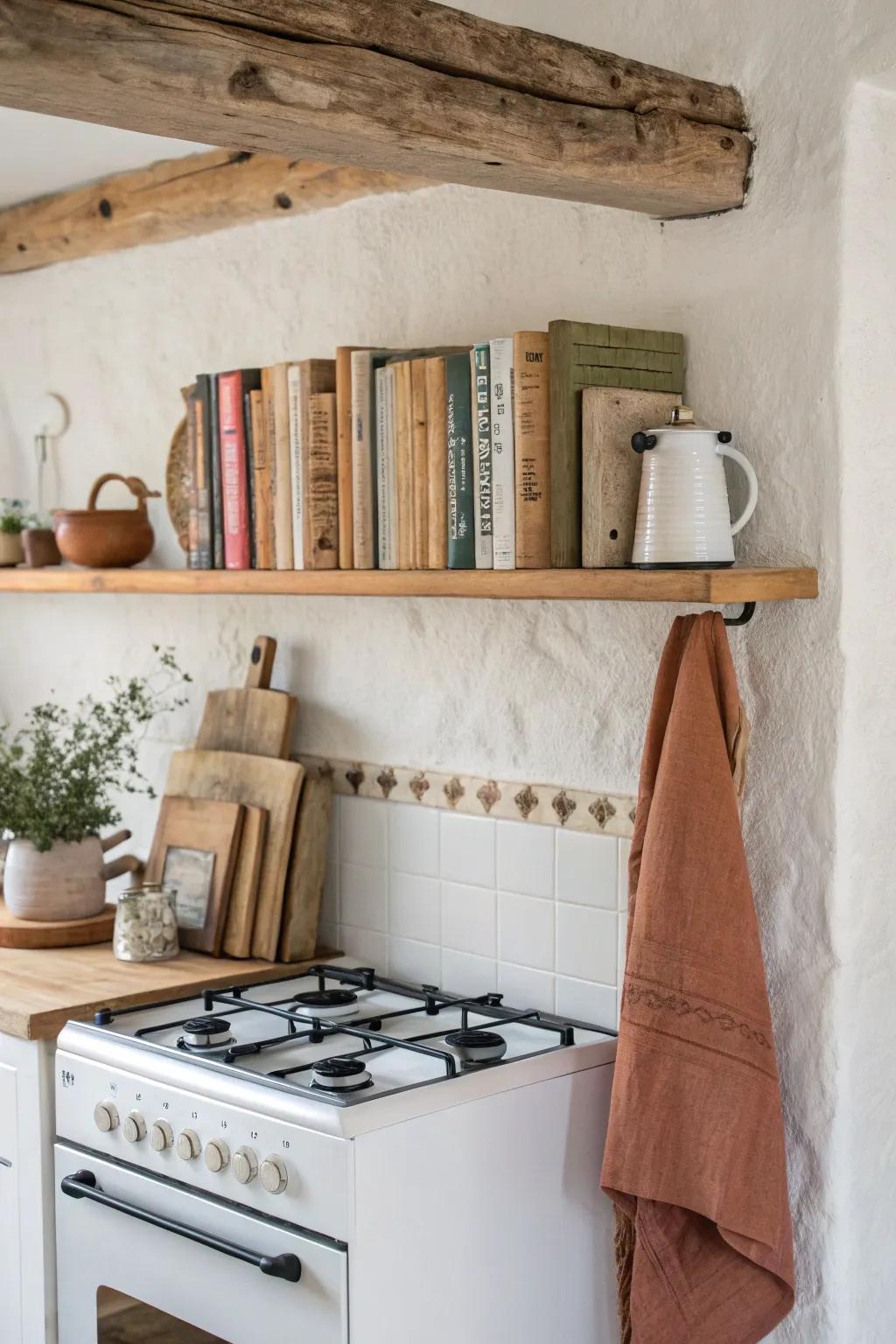 Open shelf by the stove: keep everyday cookbooks within easy, flour-friendly reach.