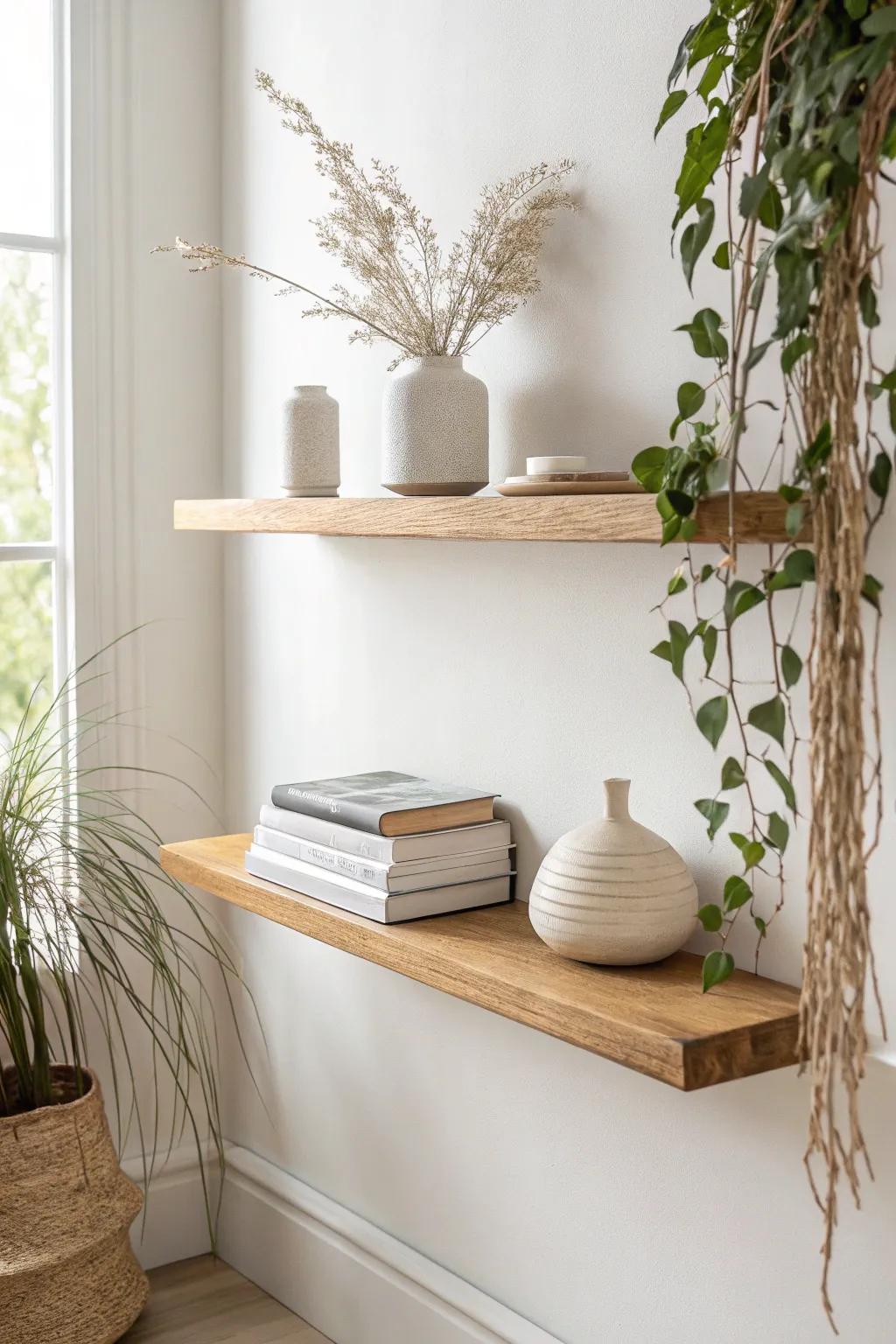 Classic floating shelf styling: stacked books, one sculptural vase, and a trailing plant.