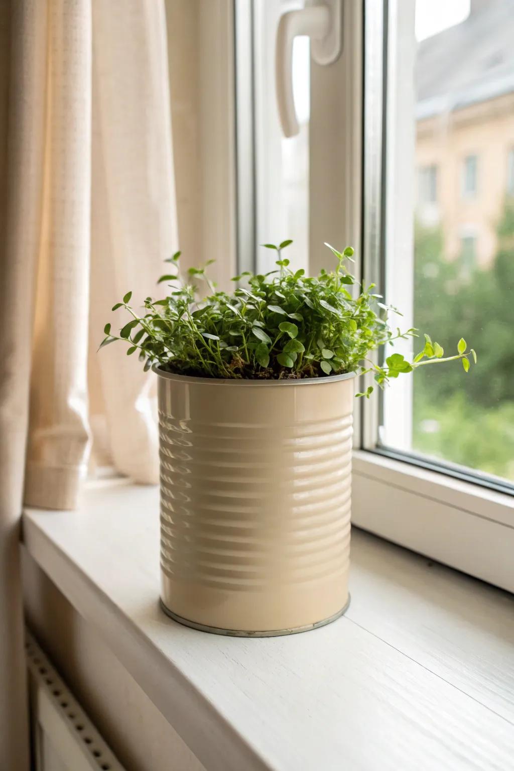 Matte-painted tin can planter on a windowsill—small-space greenery with Scandi-boho calm.