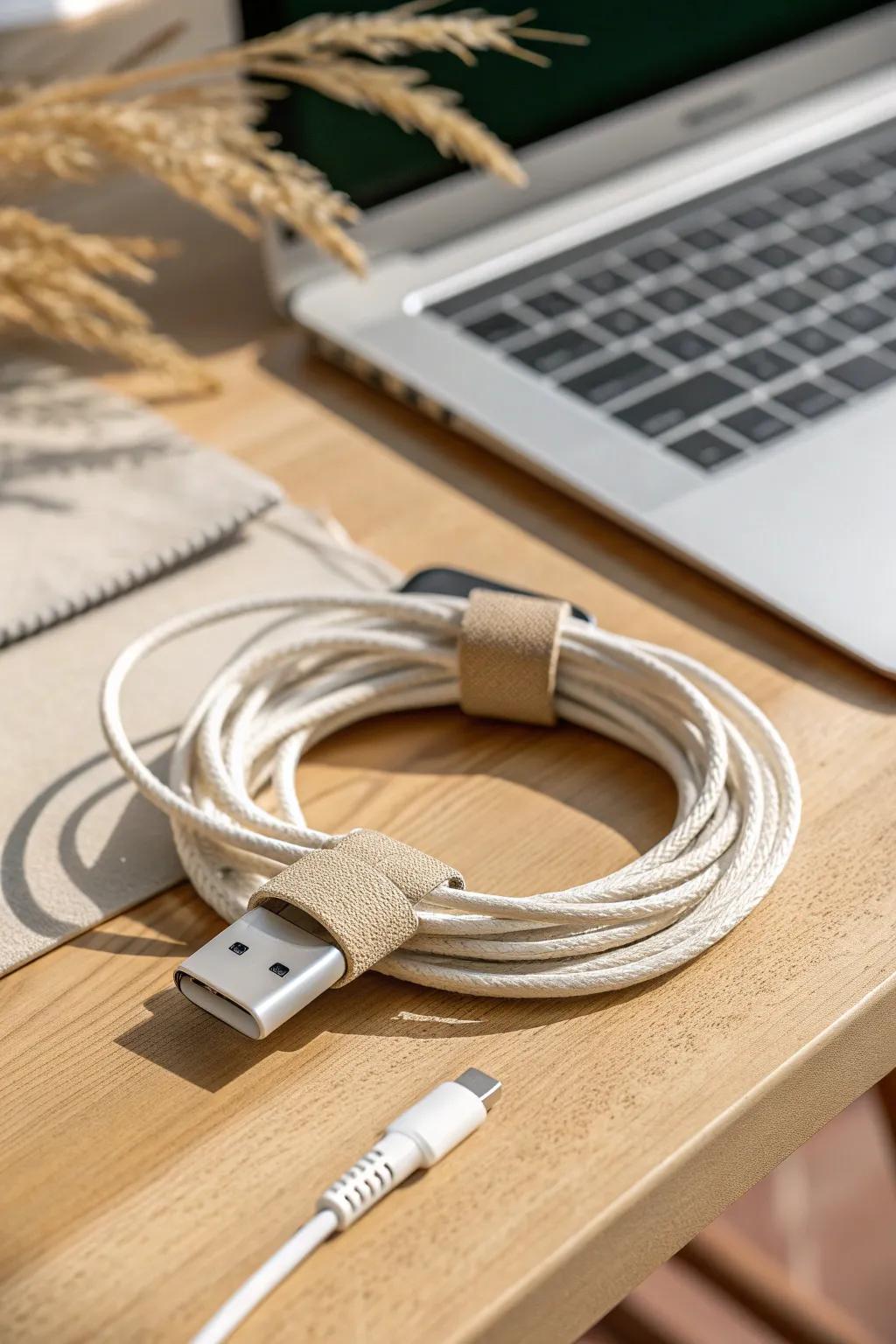 Reusable cable ties instantly tame loose cords and make a tiny desk look intentional.