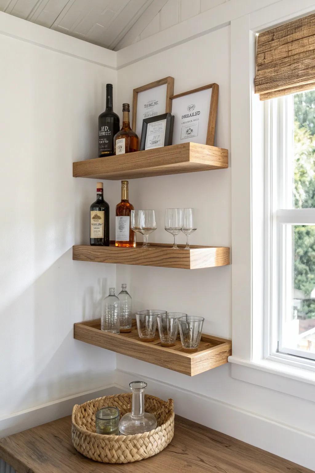 Floating shelves turn an unused corner into a chic mini bar—no floor space needed.