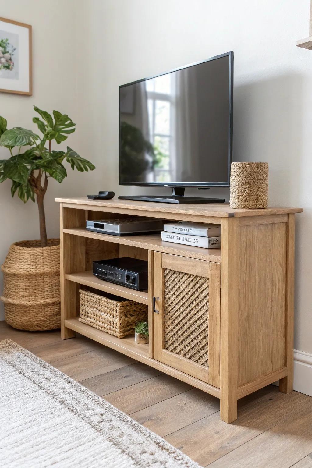 A classic corner TV stand with hidden storage—minimal, warm oak, and clutter-free.