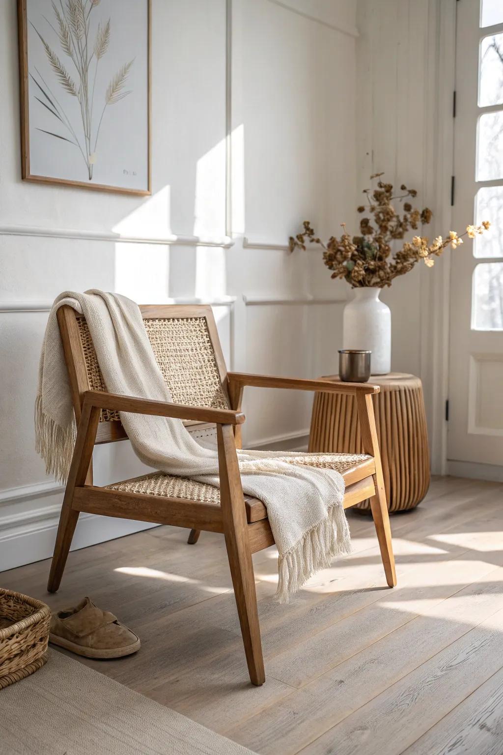 Turn a dead corner into a cozy coffee perch with a 45° accent chair and airy simplicity.