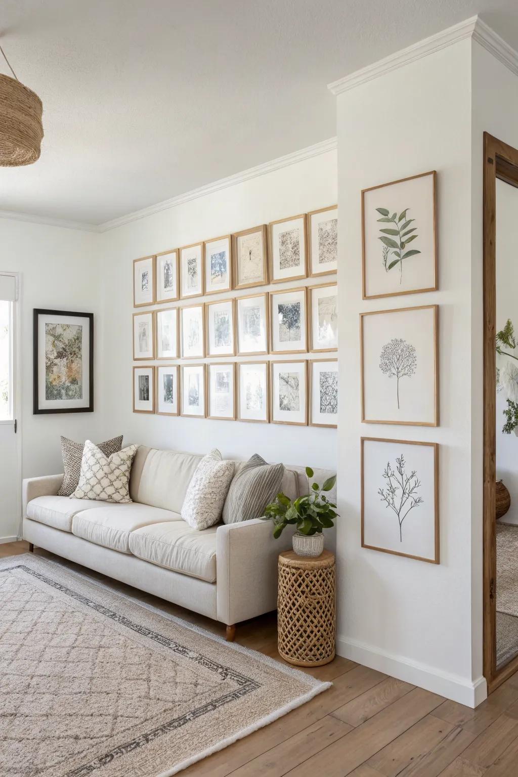 A calm, symmetrical grid that wraps the corner—small space, big gallery-wall polish.