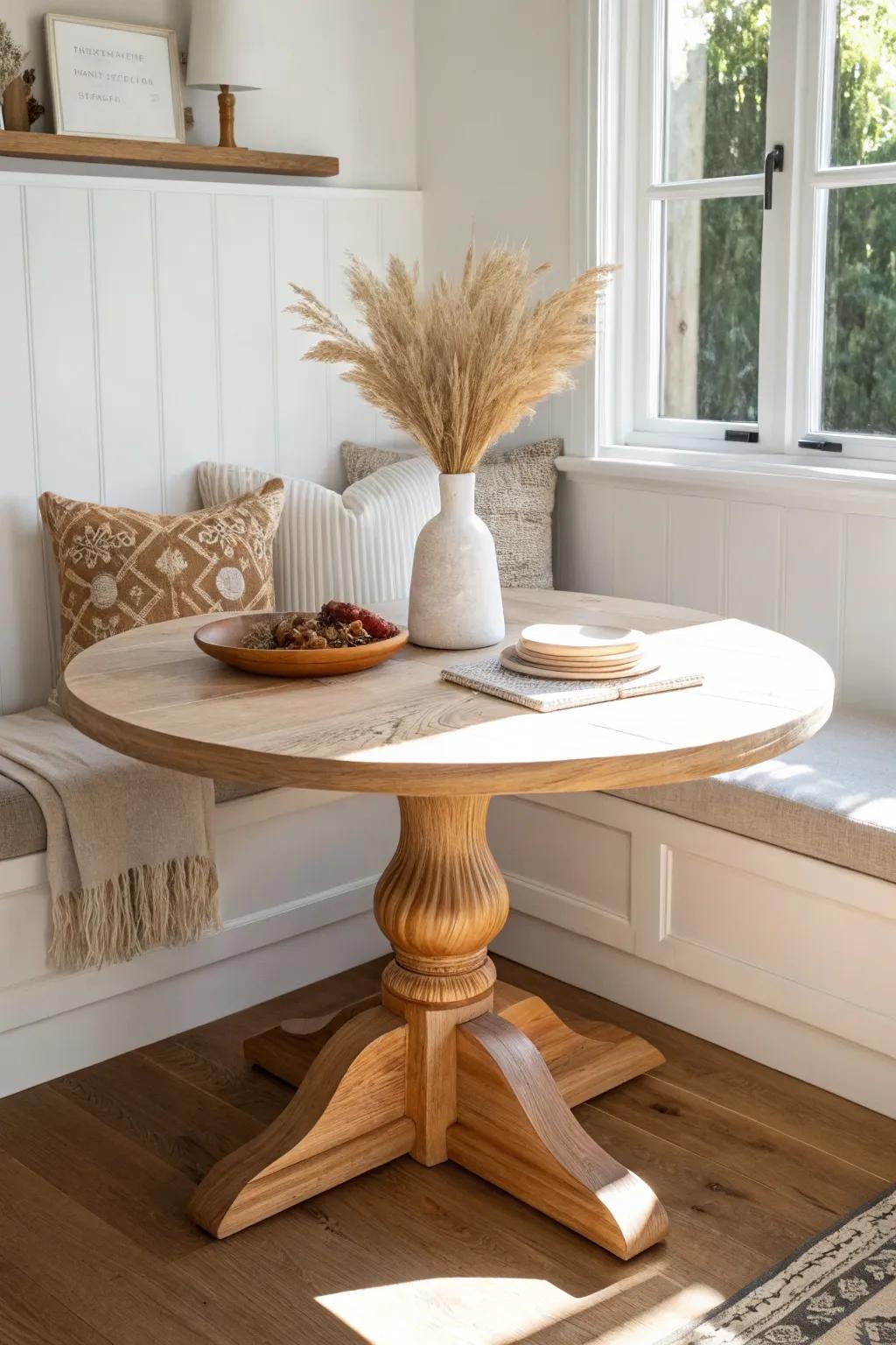 L-shaped banquette + round pedestal table: the coziest corner dining fix for small kitchens.