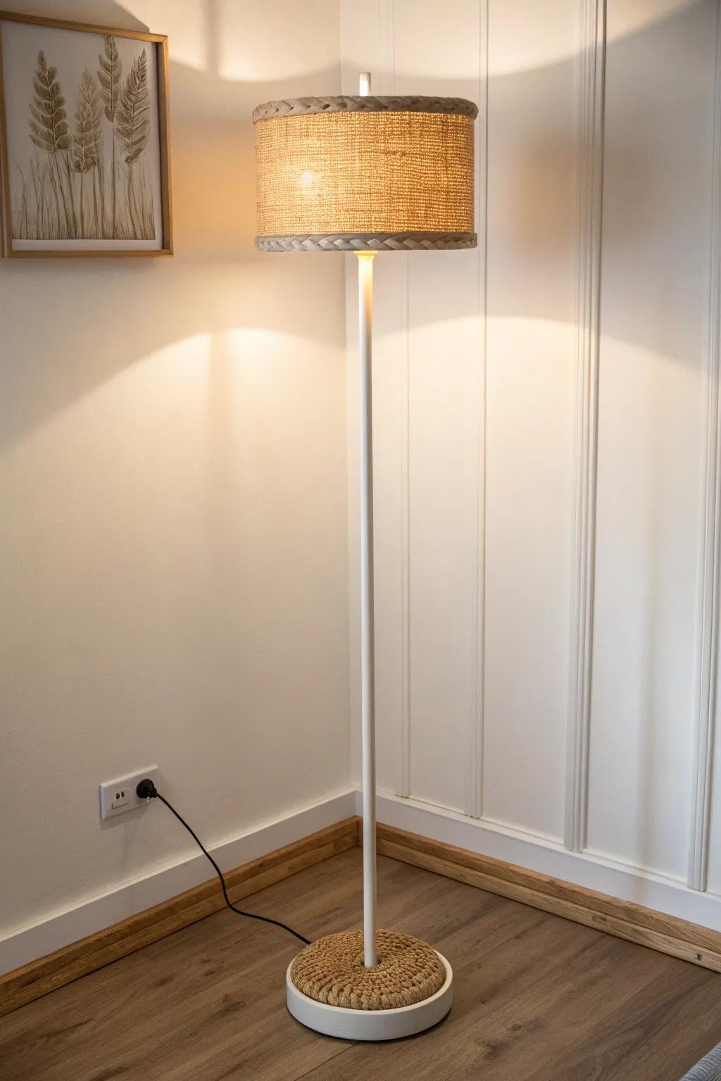 Slim corner floor lamp that tucks away and washes the walls in a cozy, space-saving glow.