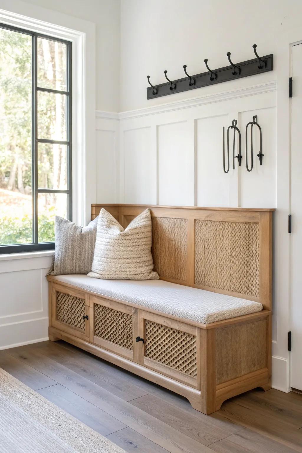 A classic L-shaped bench with sleek hooks turns a tiny corner into a calm, functional mudroom.