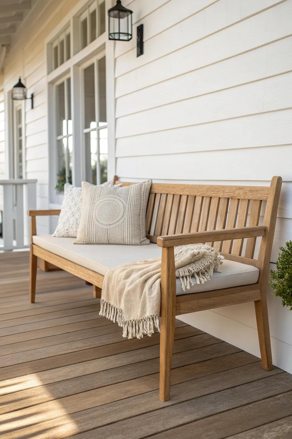 A wrap-around porch corner made inviting with one handcrafted bench and warm natural light.